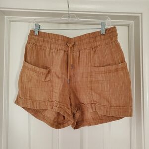 Athleta Cabo Linen Textured 4'' Short Women Sz 8 Toasted Ochre Drawstring Summer